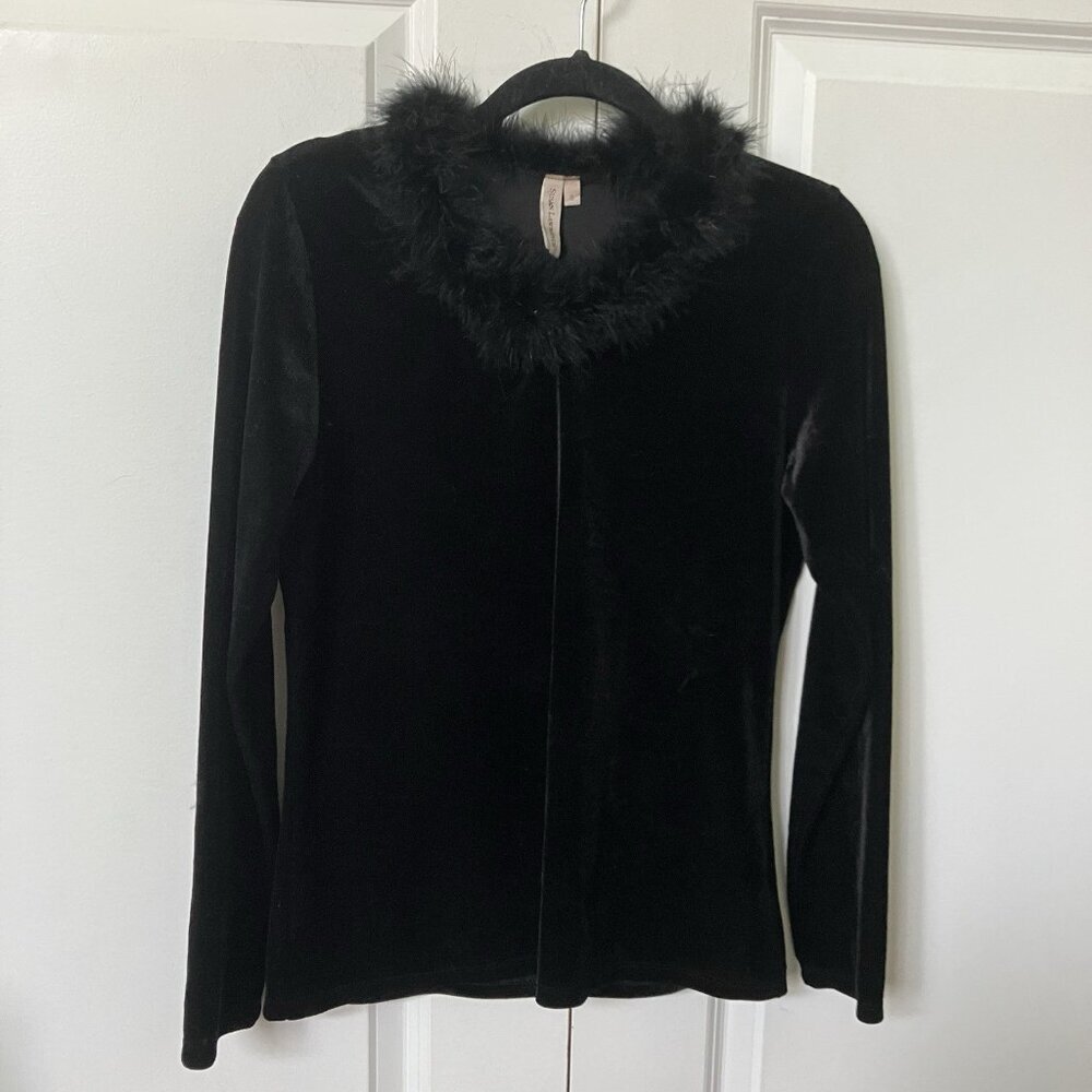 Y2K Susan Lawrence Velvet Top‎ Womens S Black Feather Collar Fairy Whimsigoth